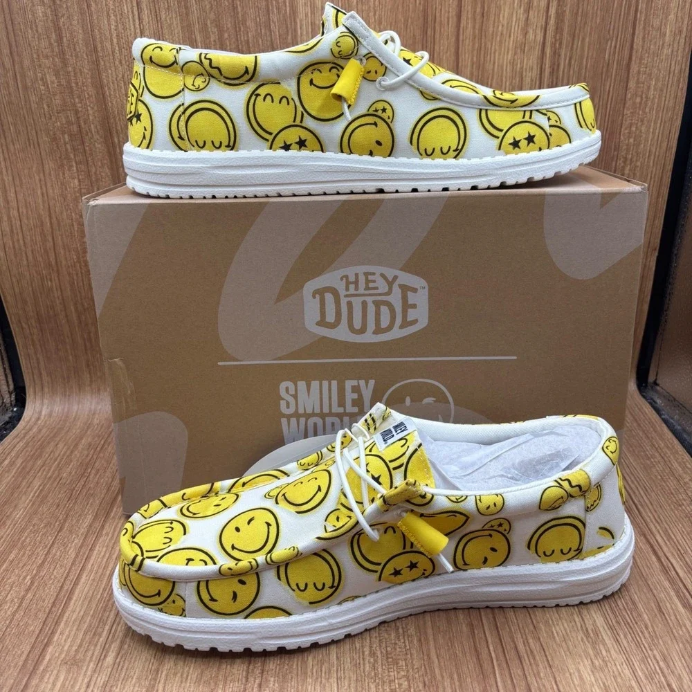 Hey Dude Wally Smiley Mens Size 13 White Yellow New SmileyWorld Loafers #1249